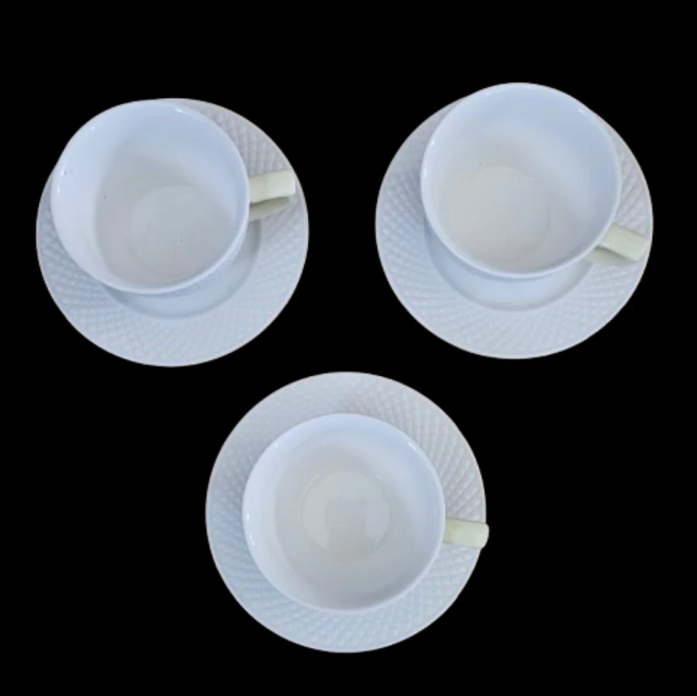 Solecasa Coffee/Tea & Saucer w/White Diamond Pattern & Yellow Handles Set of 3